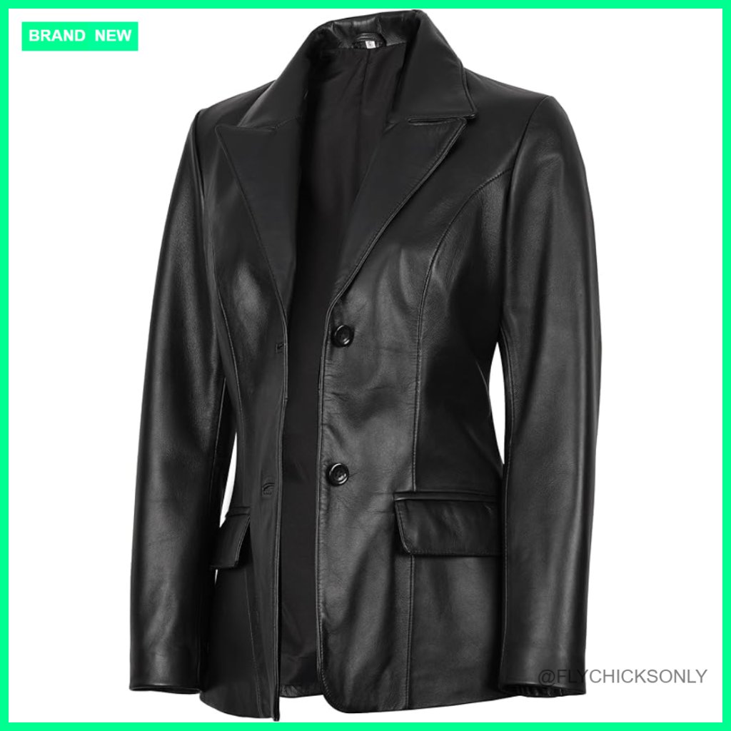 Real Leather Blazer Jacket Women's Lambskin Notch Lapel Button Closure
